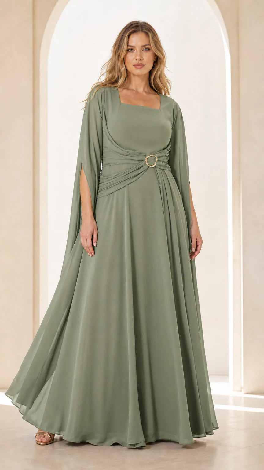 Front view of Sage Green square neck formal maxi gown with cape sleeves