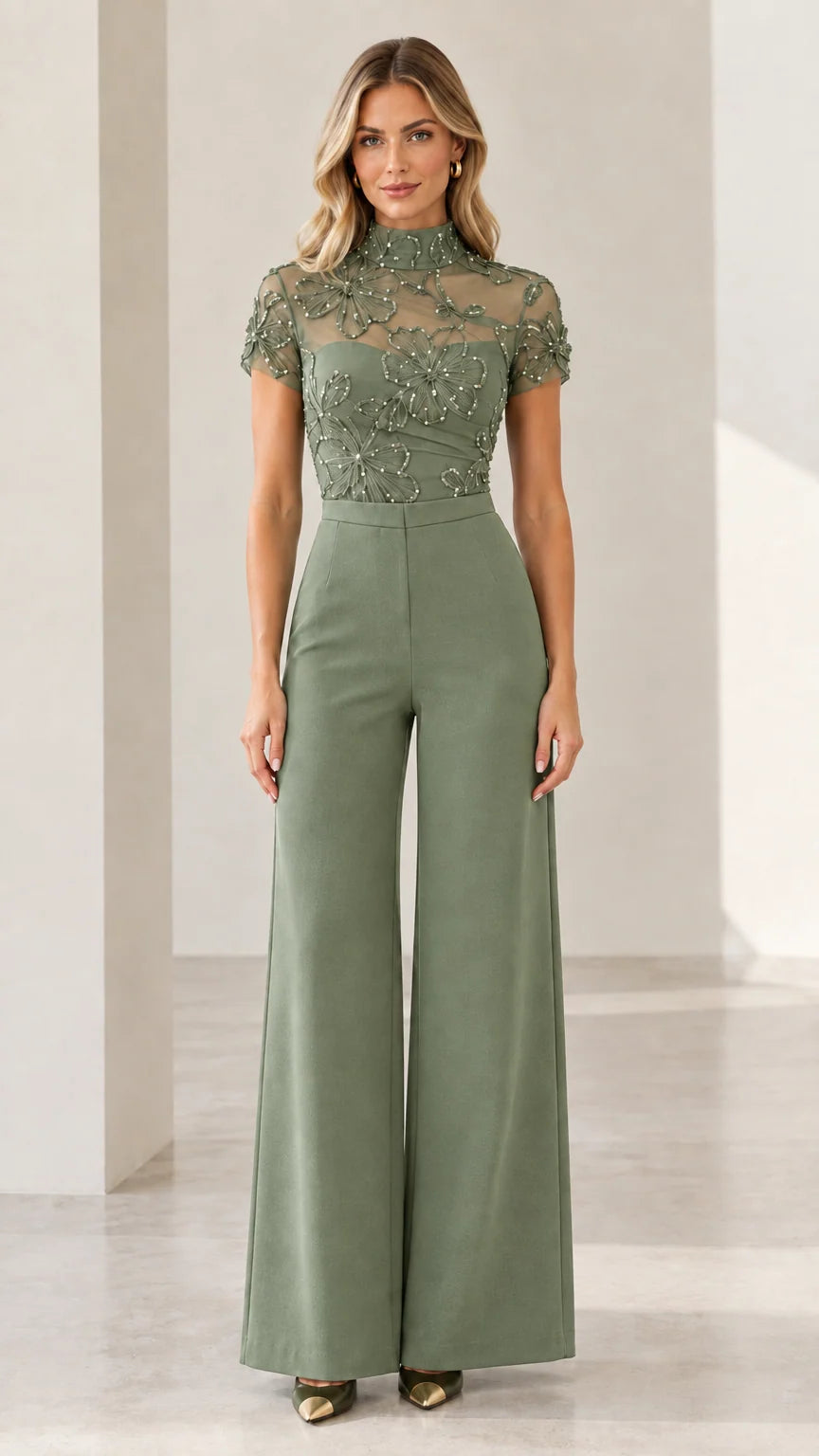 Sage green sequin mock neck wide-leg evening jumpsuit