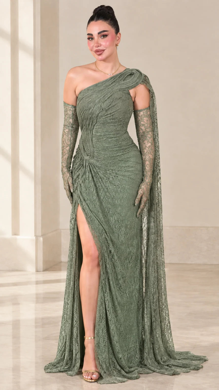 Sage green one-shoulder ruched lace evening dress with side slit and cape drape