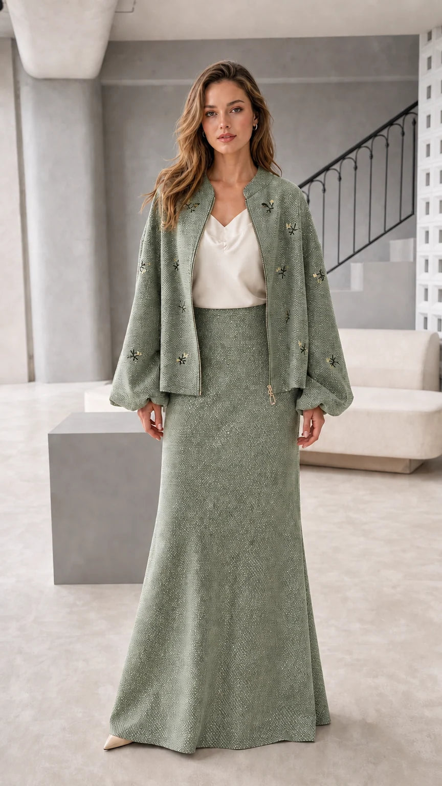 Women's embroidered jacket and maxi skirt set in sage green