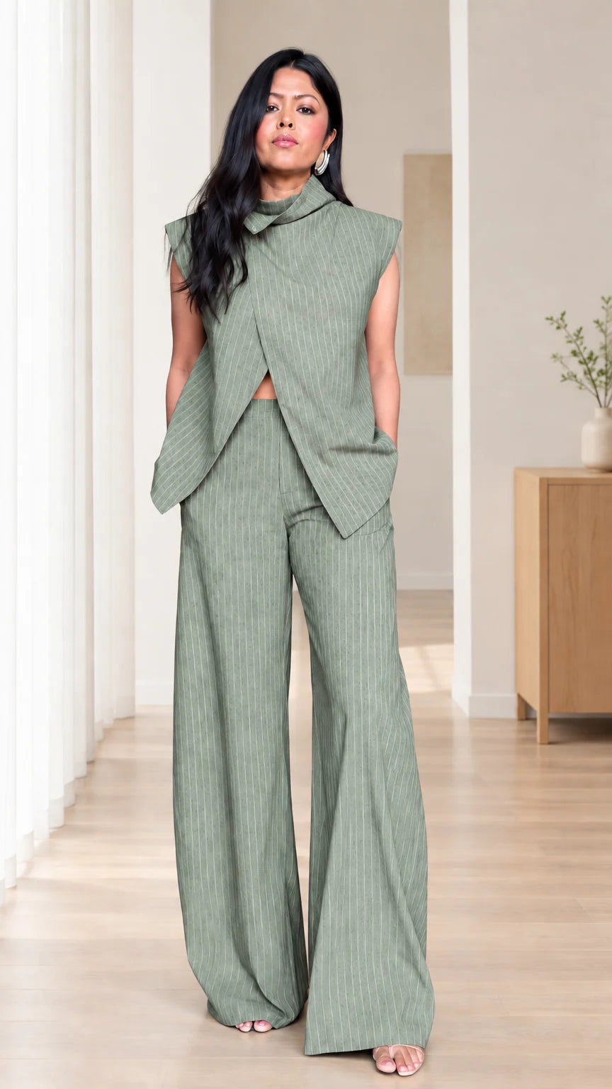 Sage green pinstripe two-piece sleeveless suit set