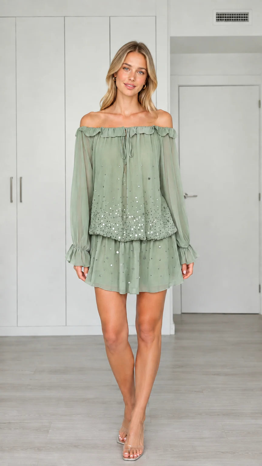 Front view of woman wearing Sage Green off-the-shoulder sequin chiffon mini dress