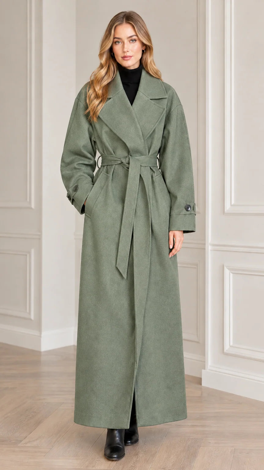 Model wearing sage green ankle length belted trench overcoat