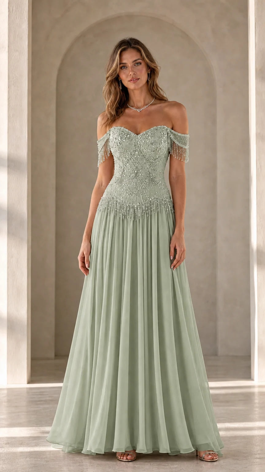 Model wearing sage green variant of the off-the-shoulder beaded evening gown