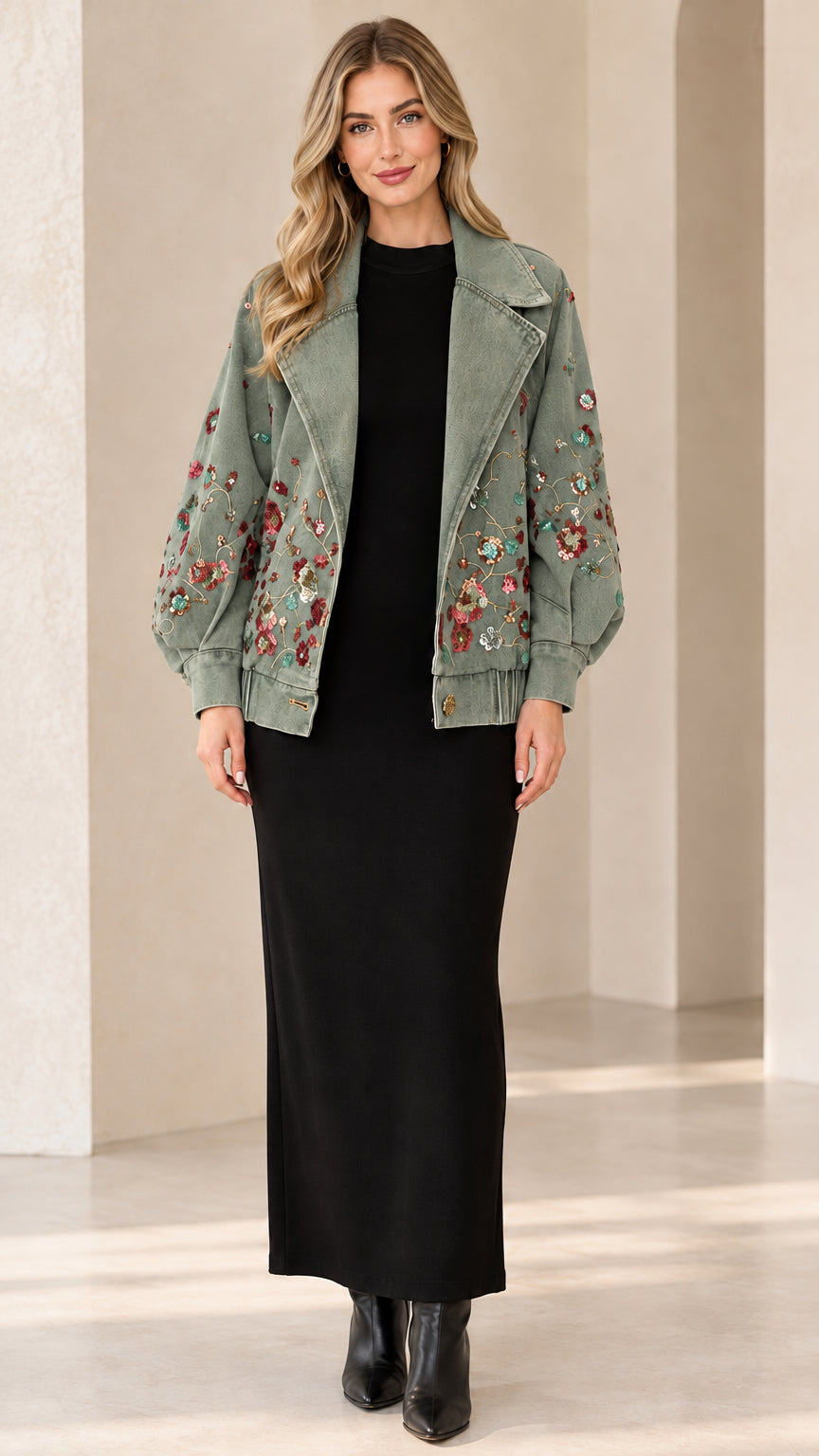 Front view of model wearing Sage Green floral embroidered denim jacket