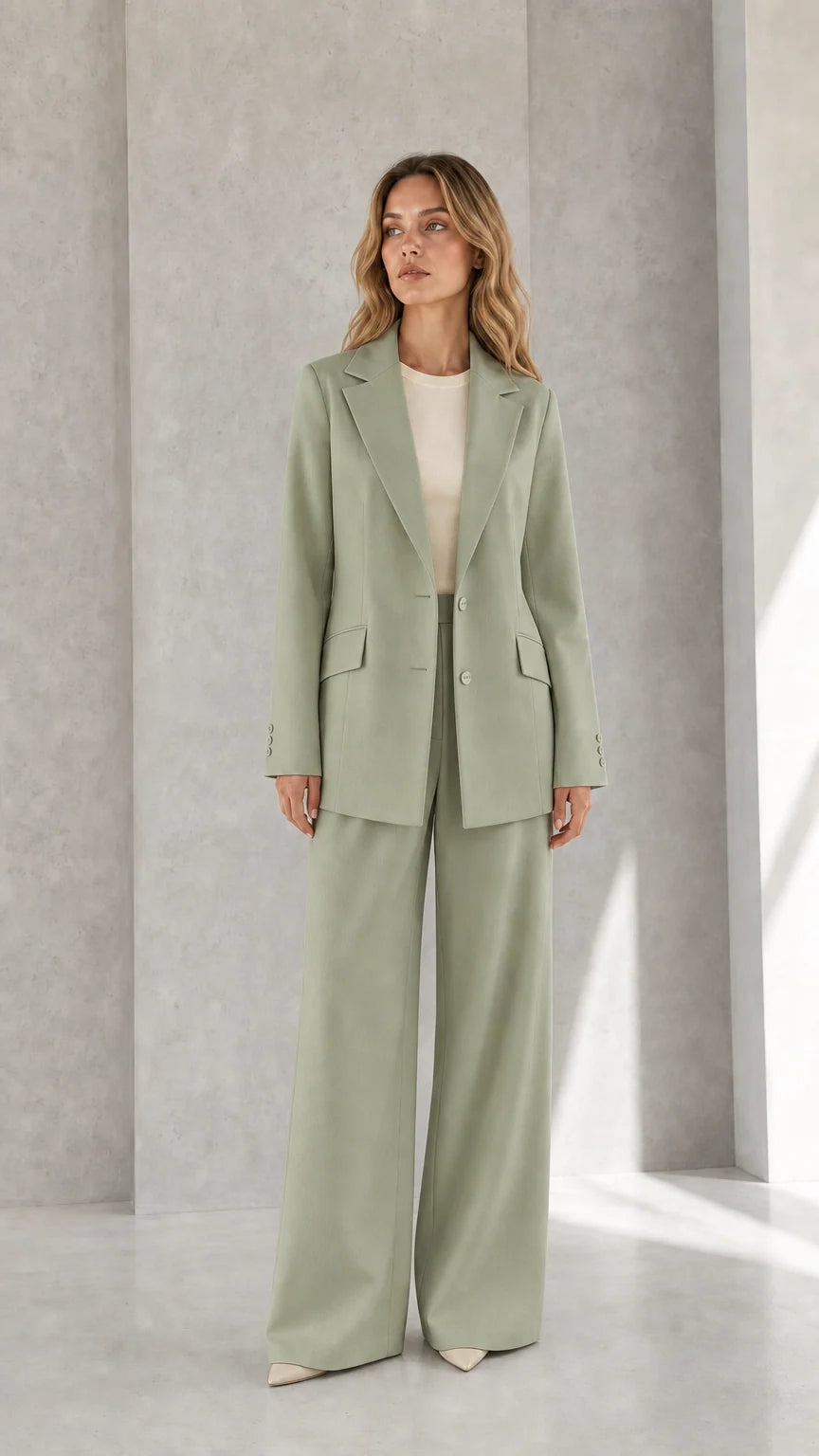 Woman wearing sage green tailored blazer and flowing wide-leg pants set