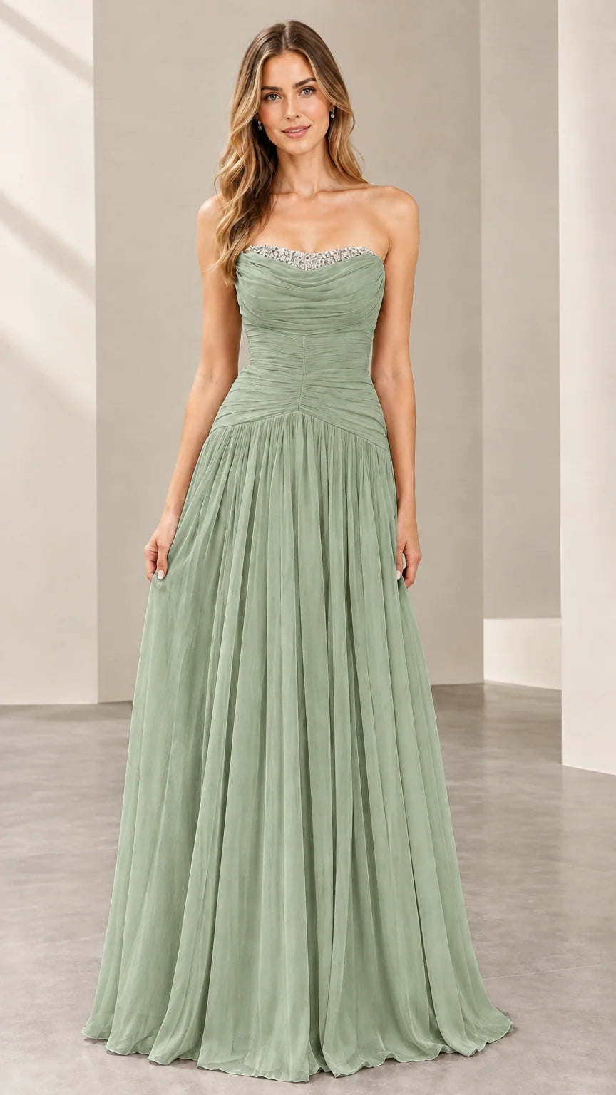 Front view of woman wearing the strapless ruched evening gown in sage green