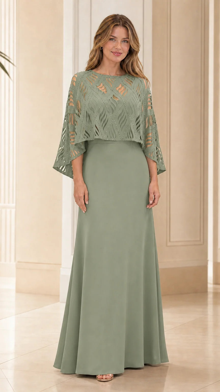 Front view of the sage green evening dress variant
