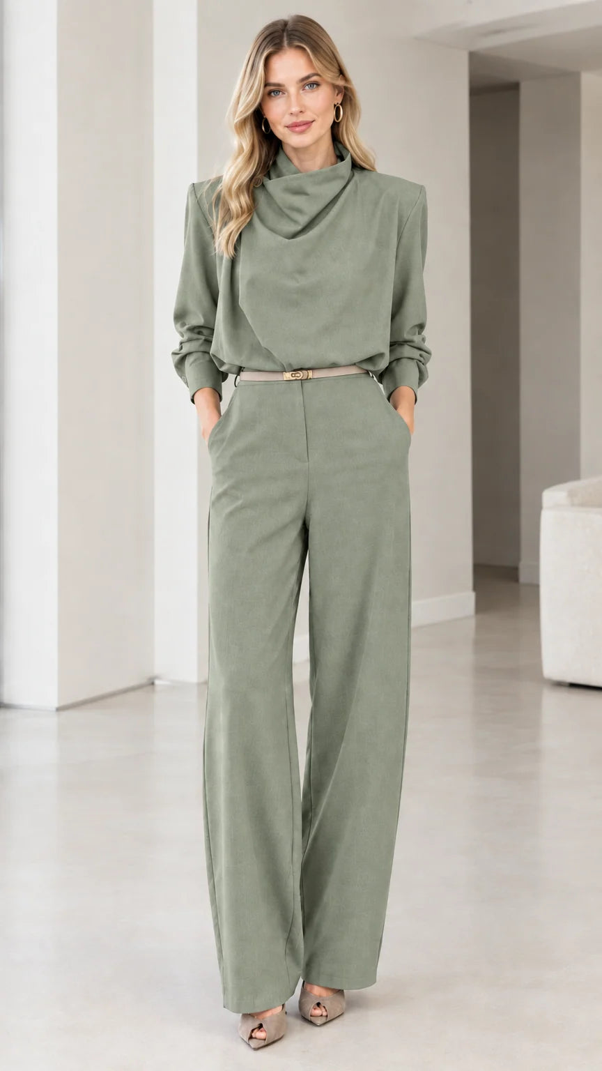 Sage Green Long Sleeve Cowl Neck Wide Leg Belted Jumpsuit