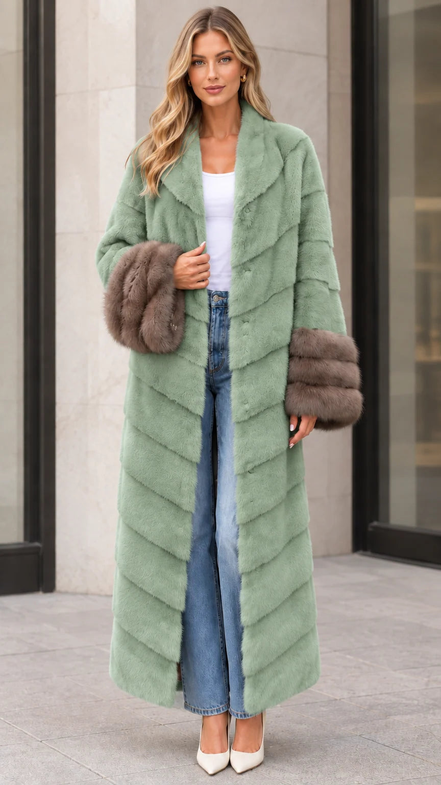 Front view of sage green chevron maxi faux fur coat with brown plush cuffs
