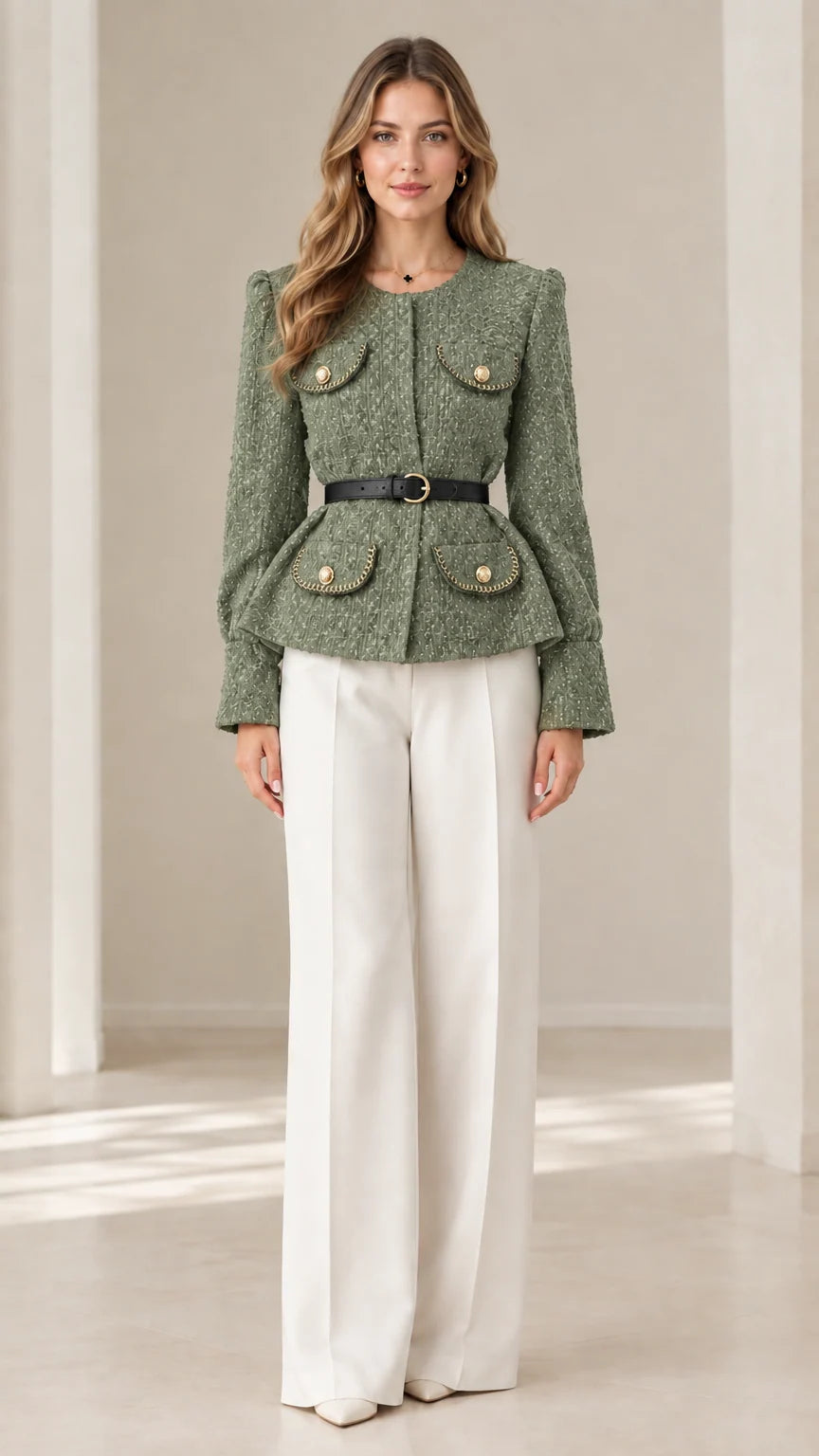 Front view of model wearing sage green textured tweed belted jacket