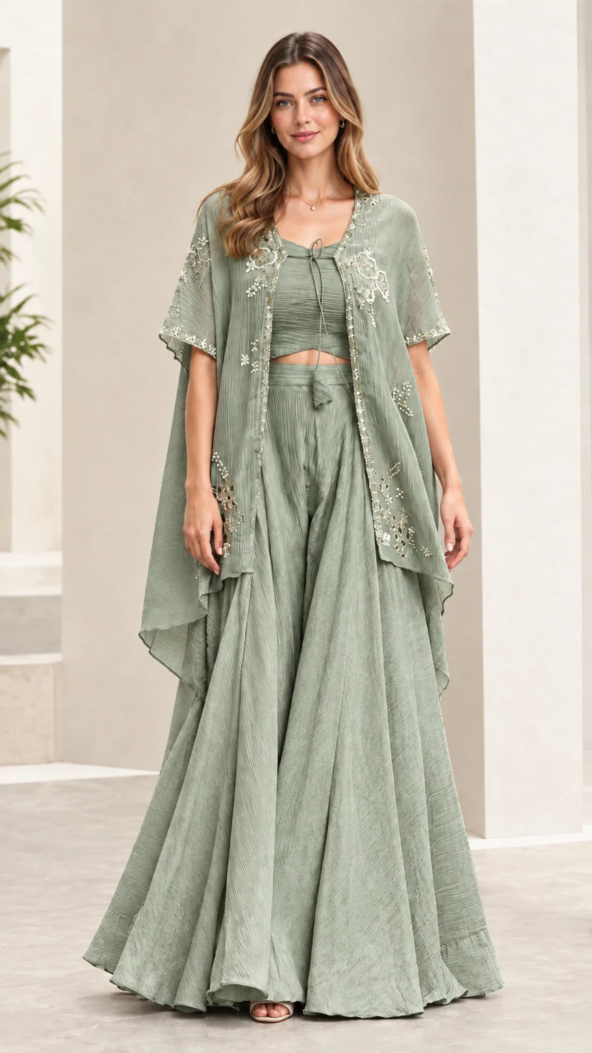 Sage green 3-piece embroidered cape and palazzo pants set