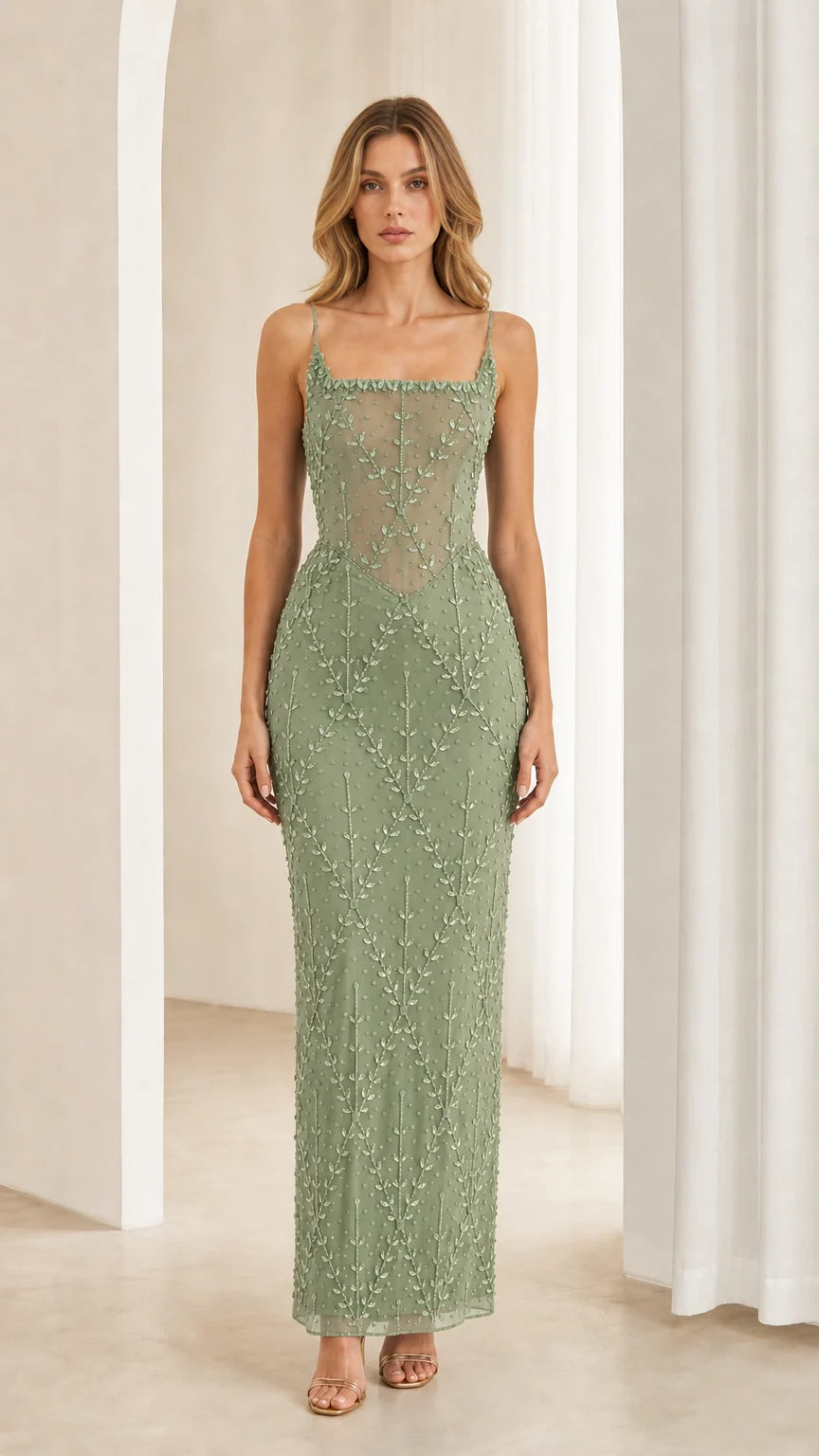 Front view of model wearing Sage Green beaded corset formal gown