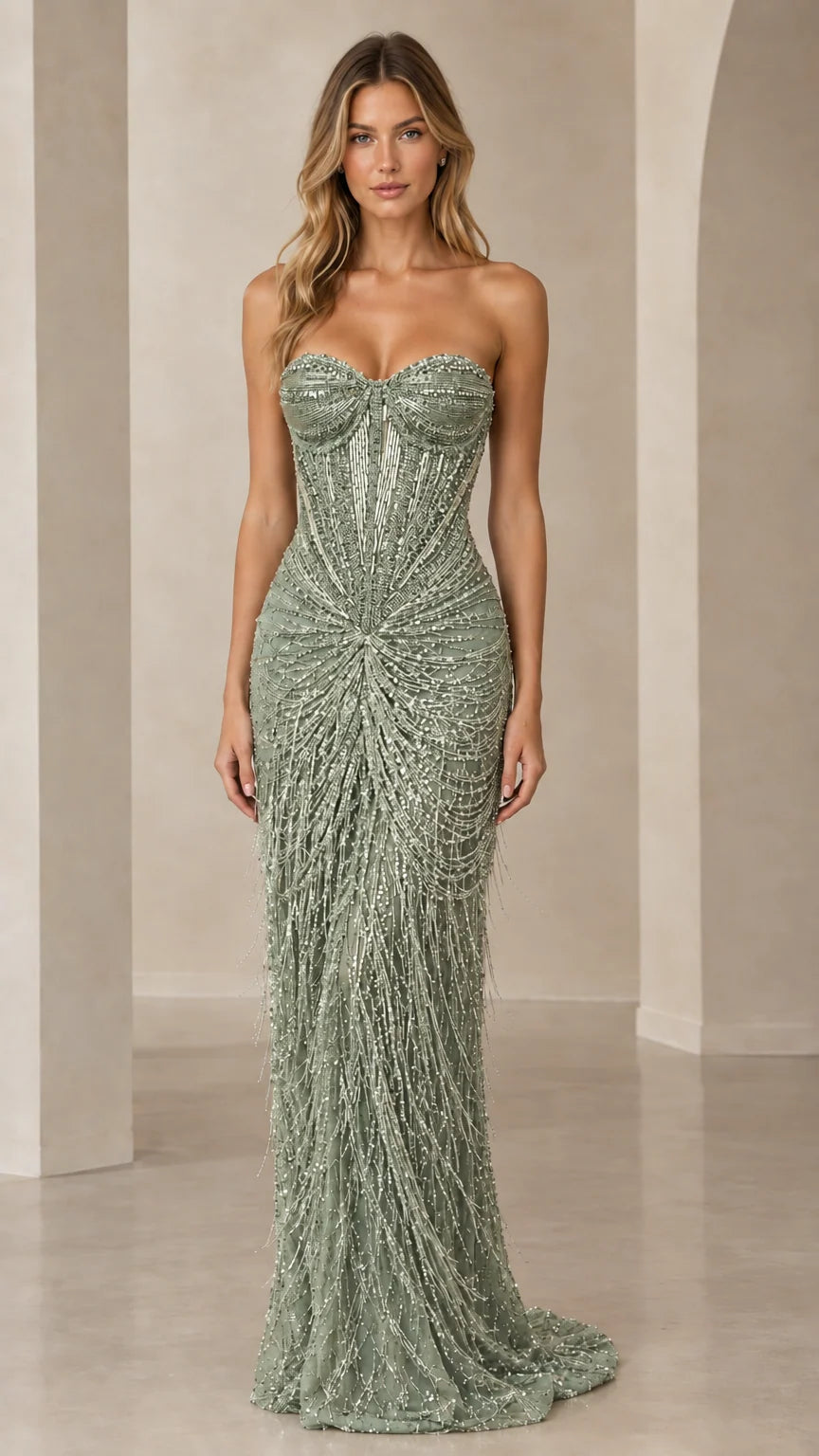 Sage green strapless formal gown featuring radiating bead and fringe details