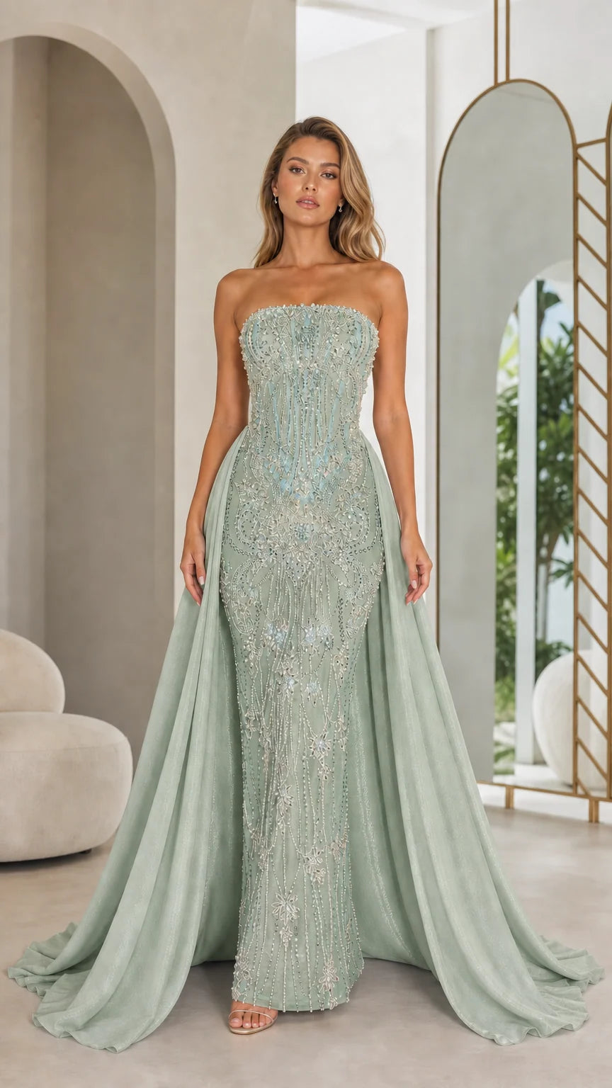 Sage green variant of strapless beaded mermaid evening gown with overskirt