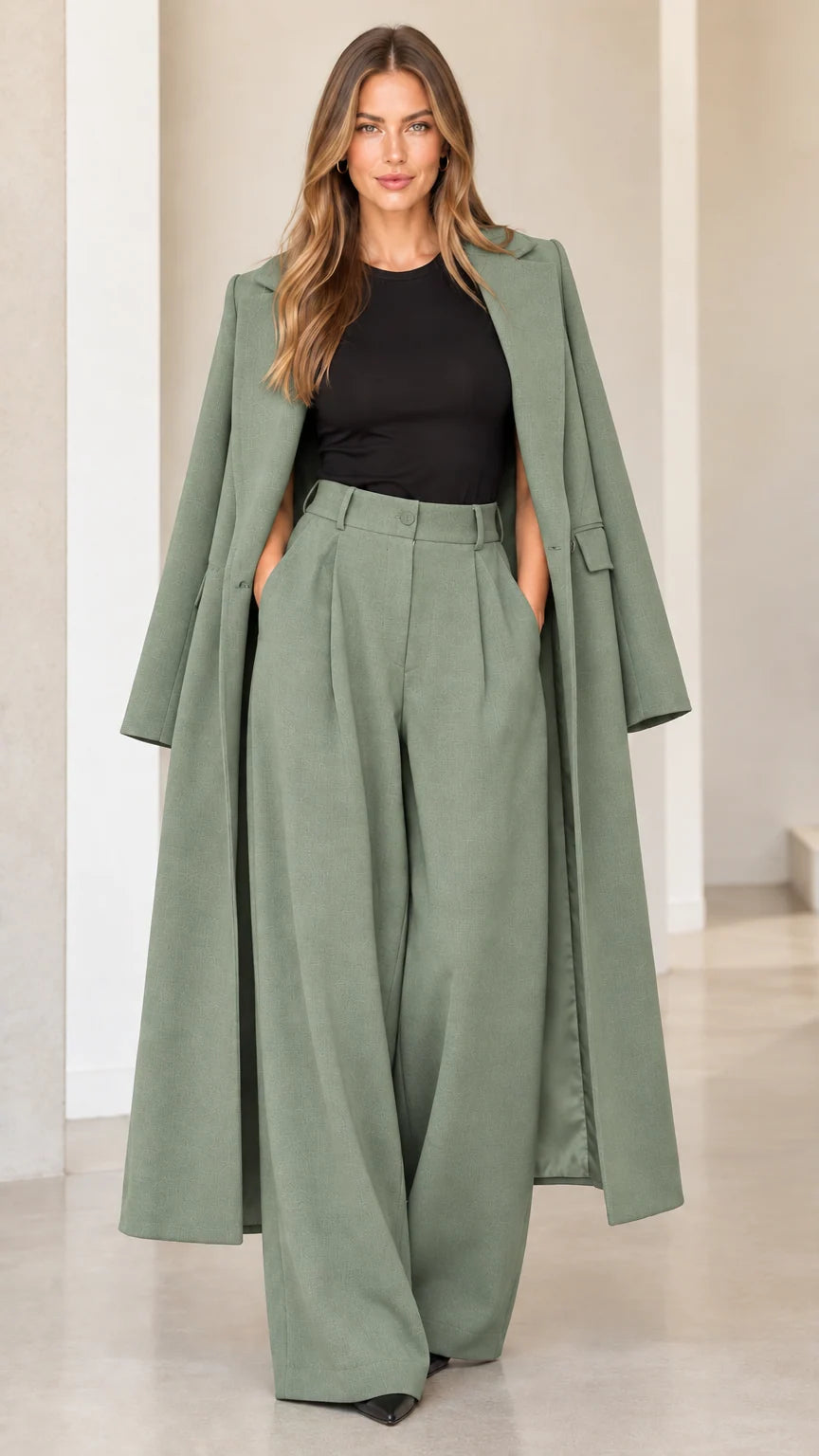 Sage Green longline cape coat and matching tailored wide leg pants