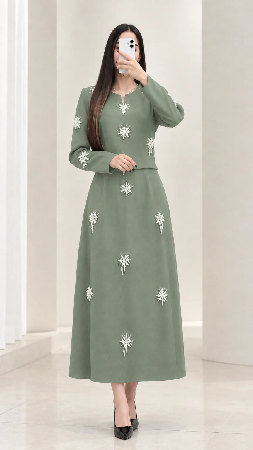 Sage green embellished long sleeve top and maxi skirt set