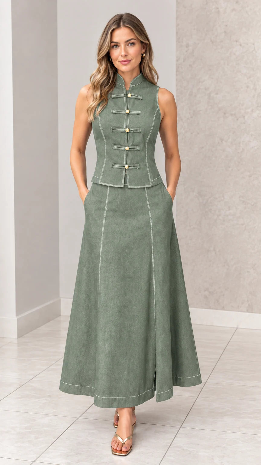 Front full-length view of woman wearing sage green mandarin collar vest and maxi skirt set