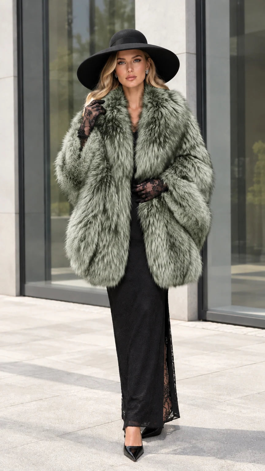Full front view of model wearing Sage Green plush faux fur cocoon coat