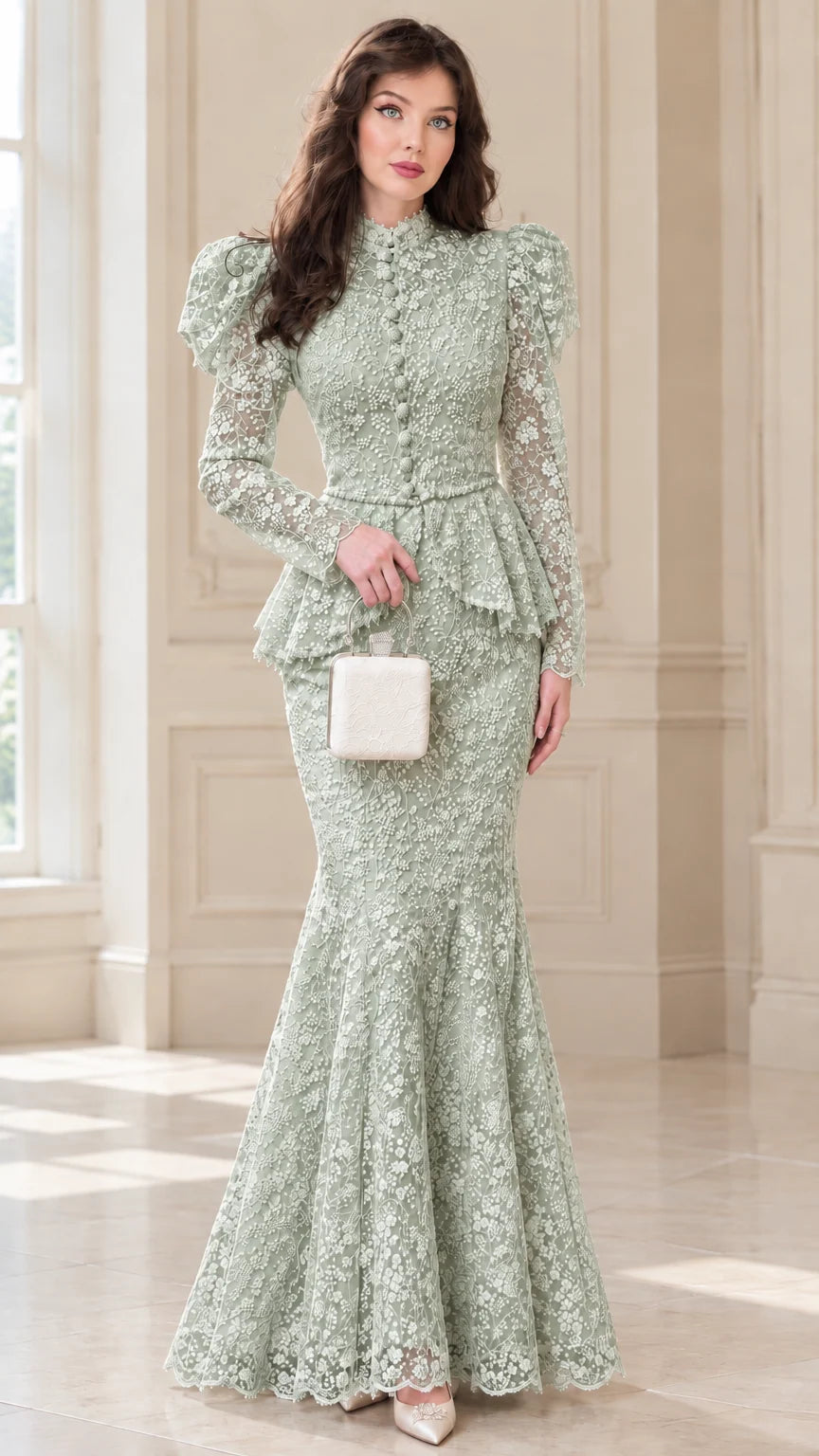 Model wearing Sage Green floral lace peplum mermaid evening gown