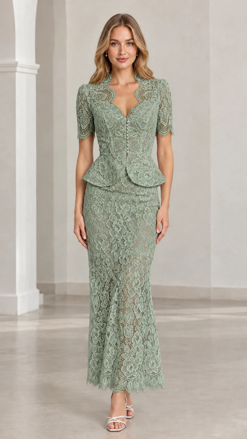 Front view of woman wearing sage green floral lace peplum maxi two-piece set