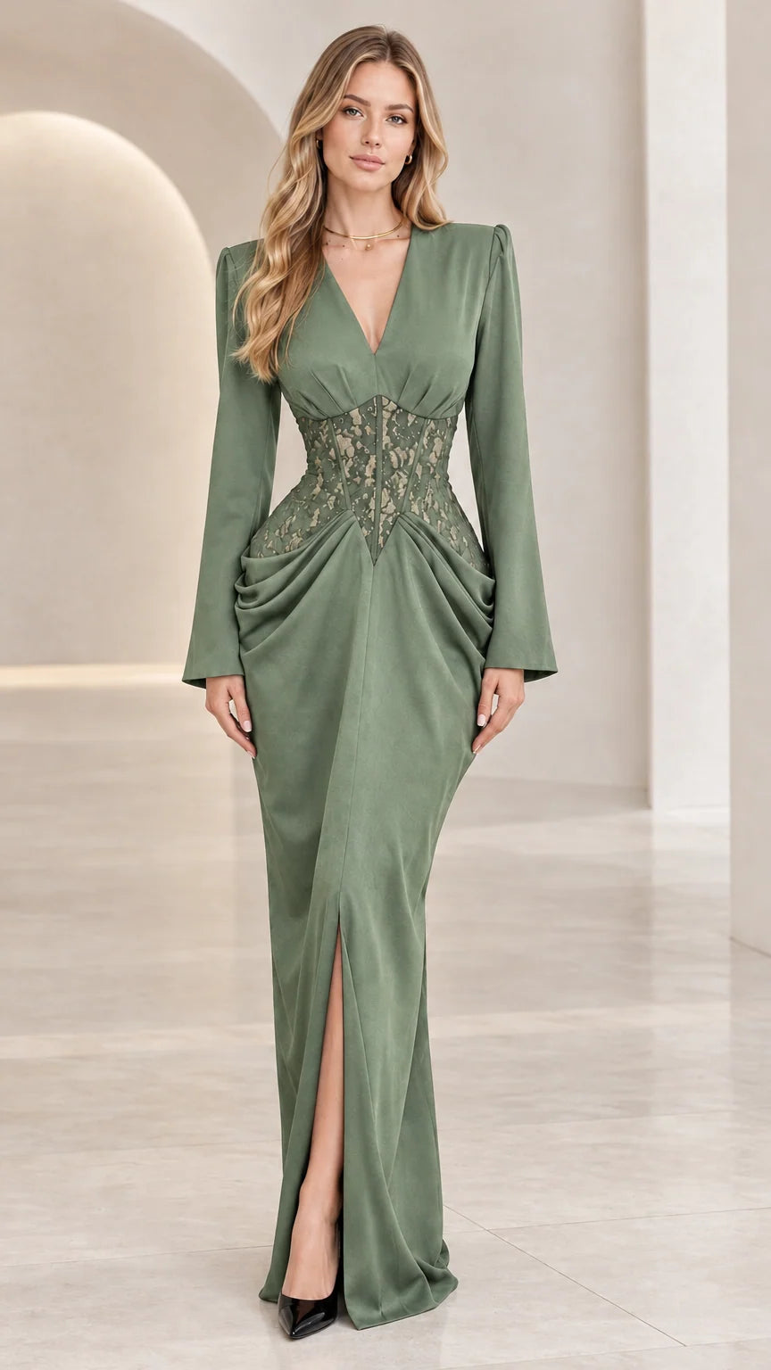 Sage green V-neck long sleeve formal gown with lace waist and slit