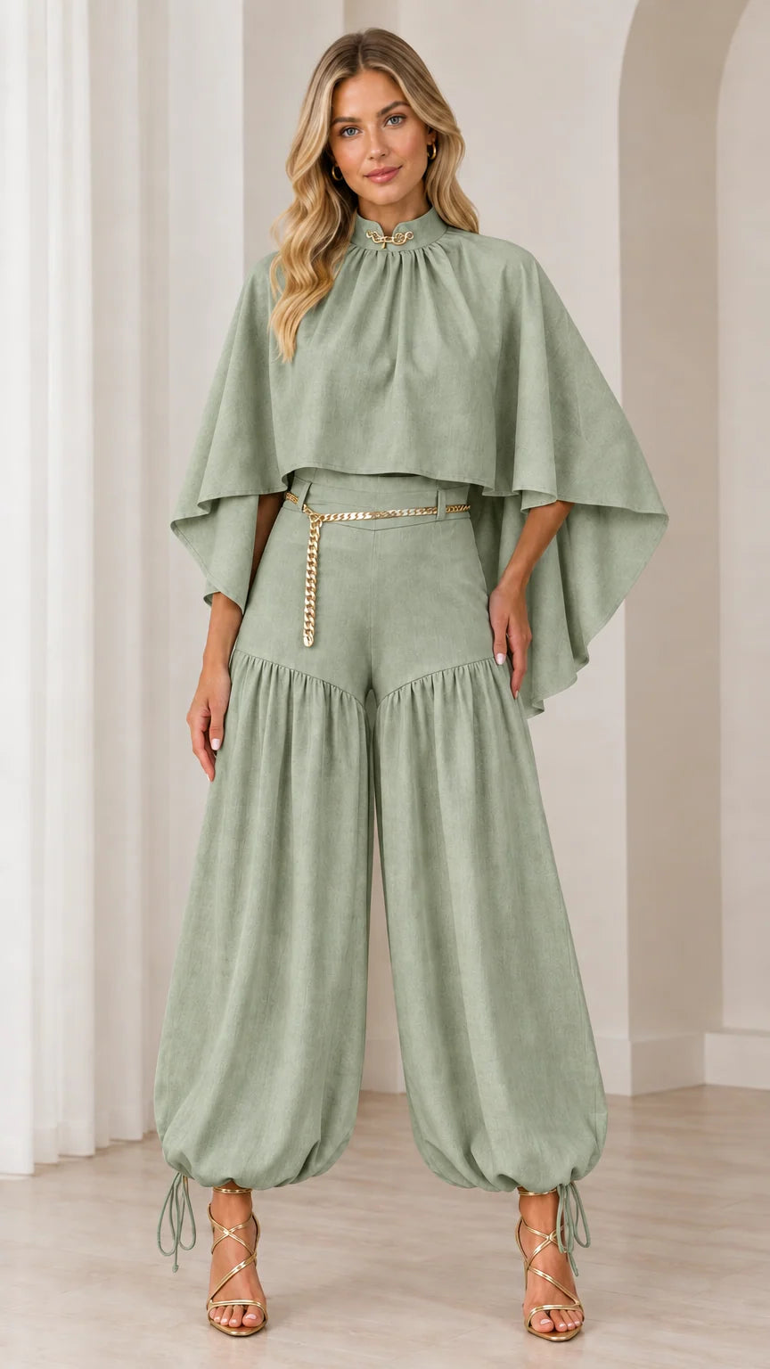 Sage green cape top and ankle-tie balloon pants two-piece outfit