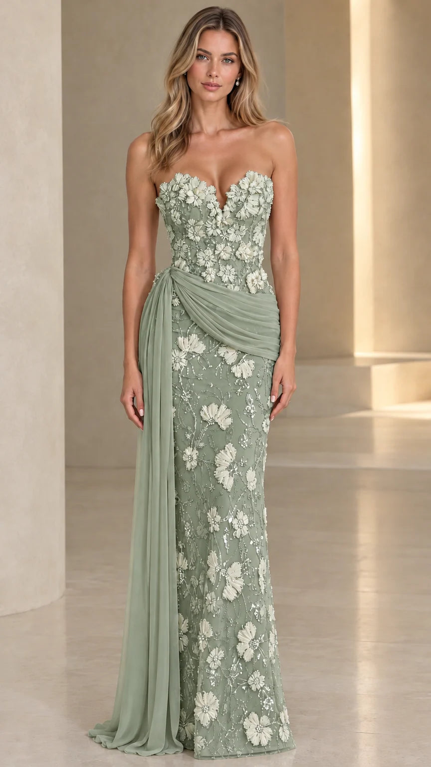 Full front view of sage green strapless floral embroidered evening gown