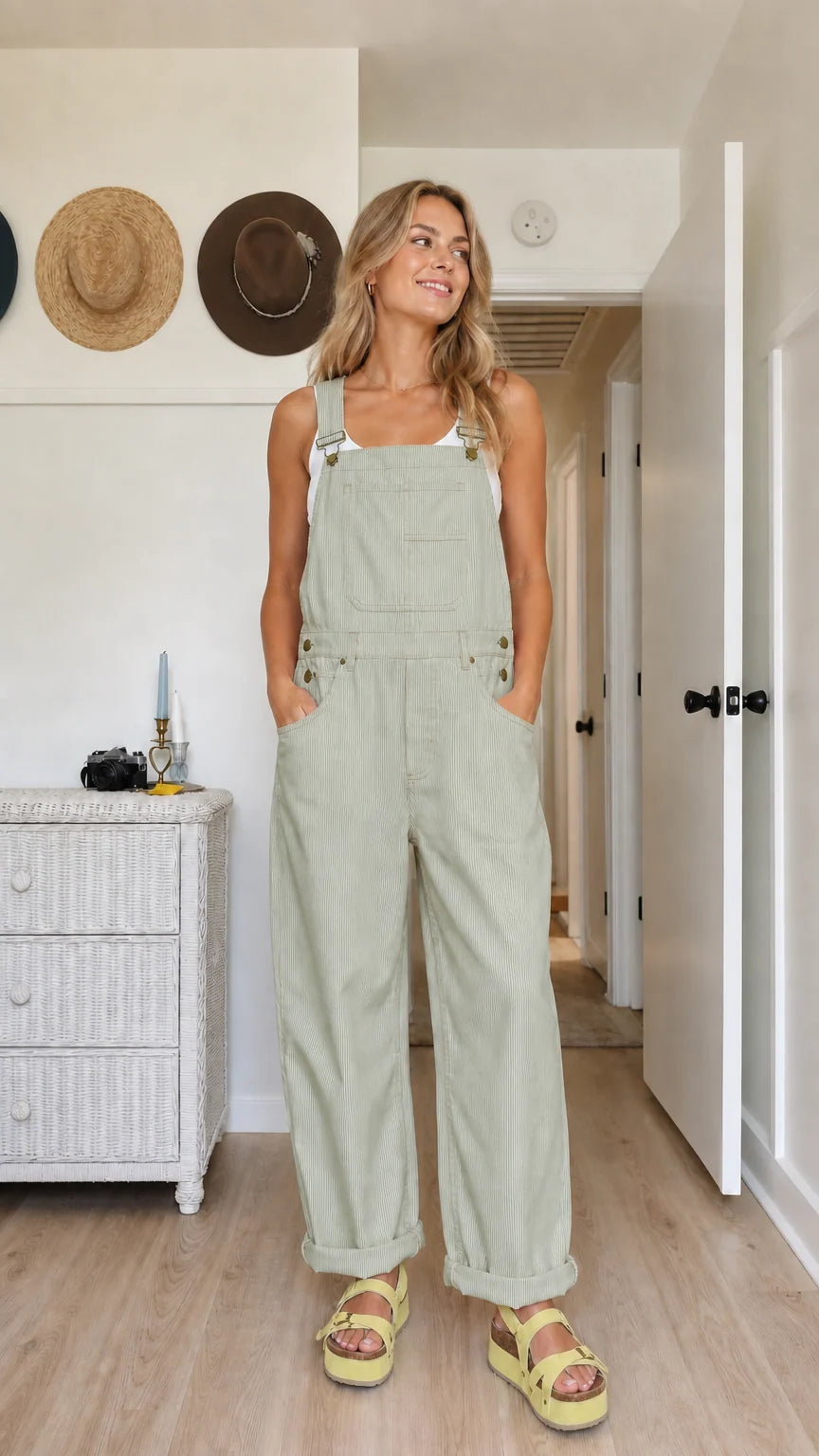 Model wearing sage green wide-leg bib overalls with rolled cuffs and side pockets