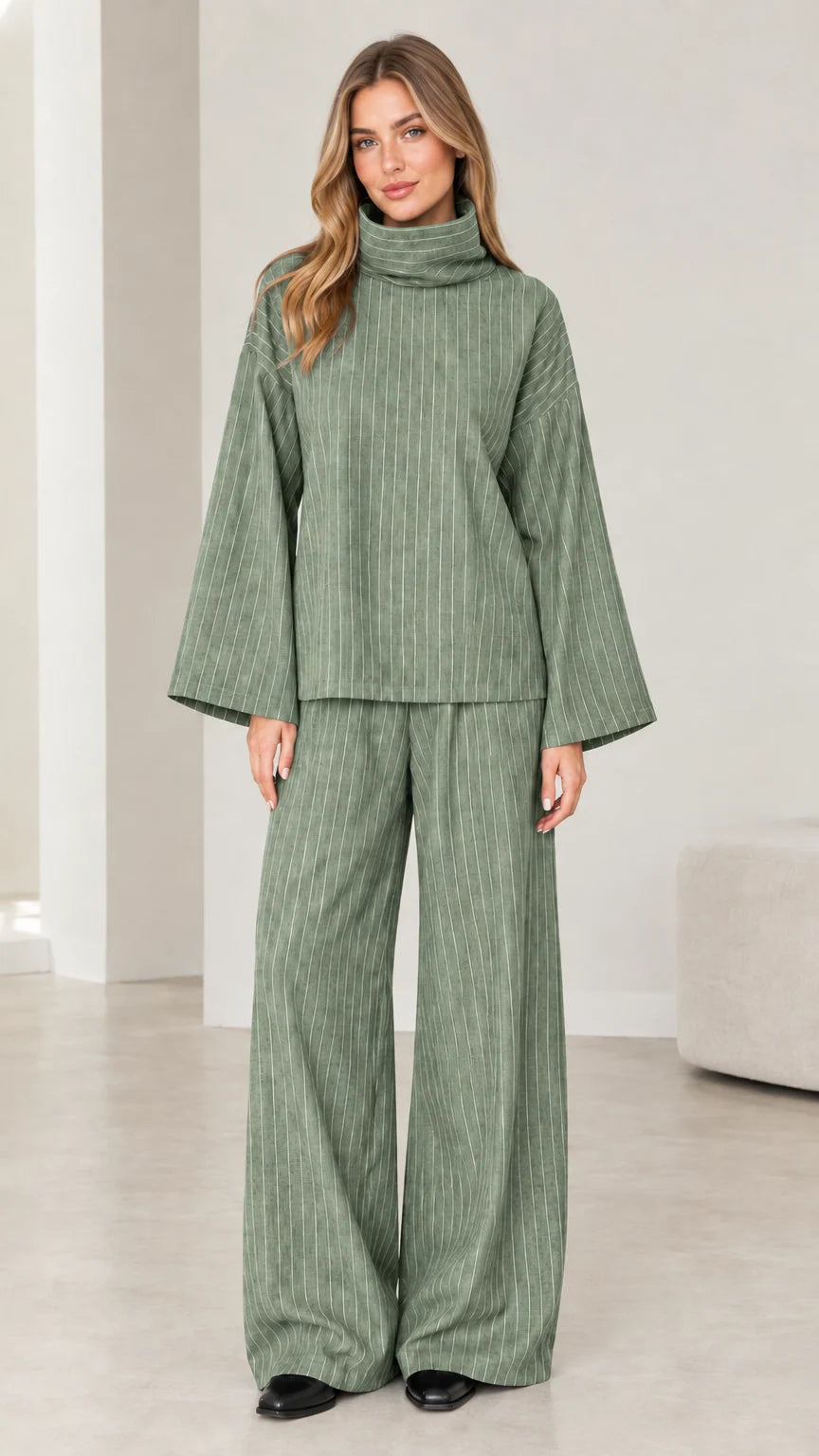 Woman wearing Sage Green pinstripe long-sleeve top and trouser co-ord set