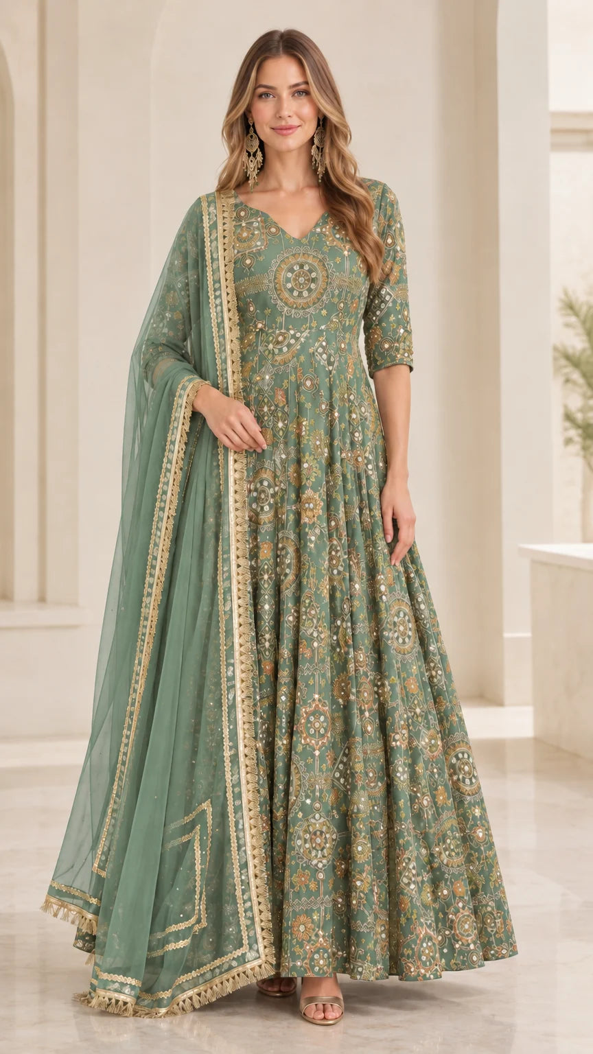 Front view of model wearing Sage Green embroidered floor-length ethnic gown