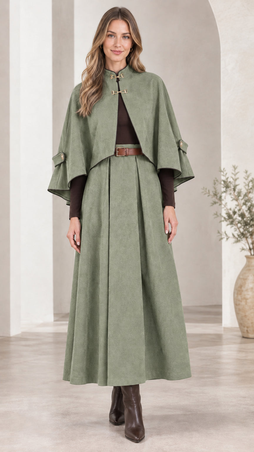 Front view of woman wearing Sage Green cape and pleated maxi skirt set