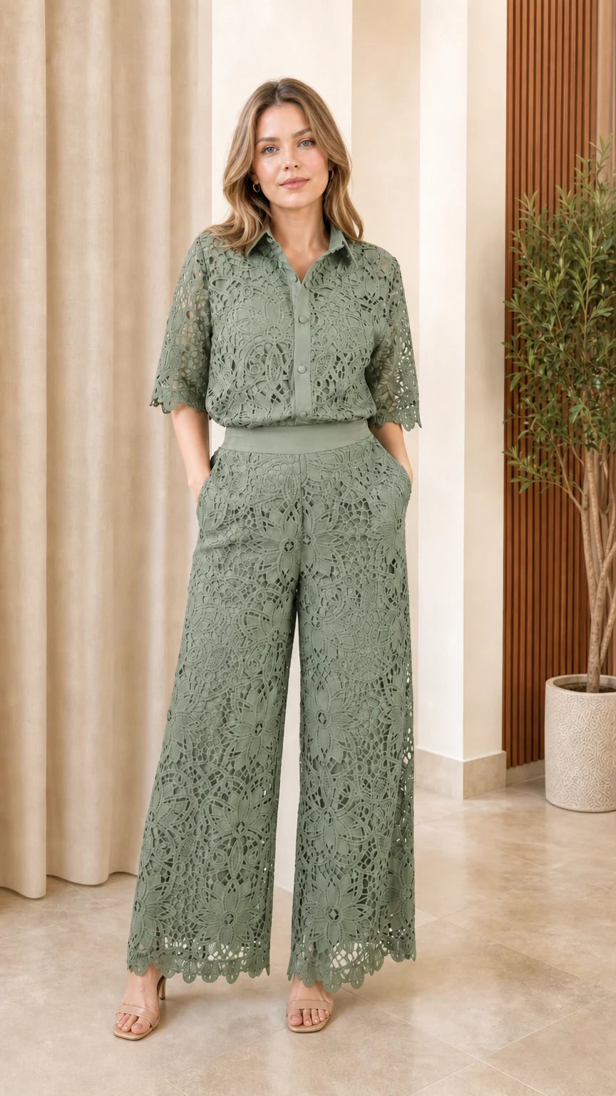 Front view of model wearing sage green lace matching set
