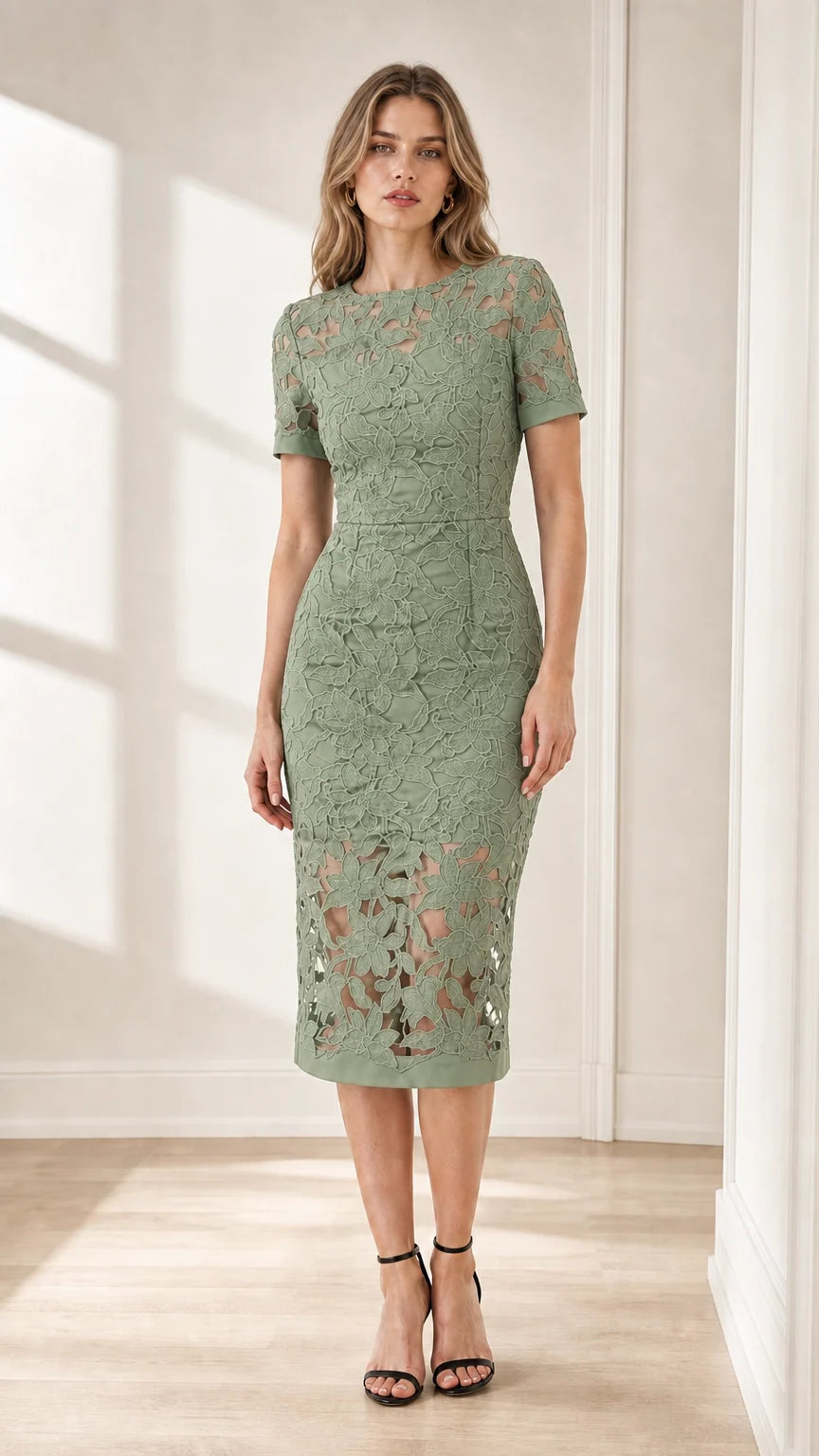 Front view of model wearing sage green floral lace midi dress