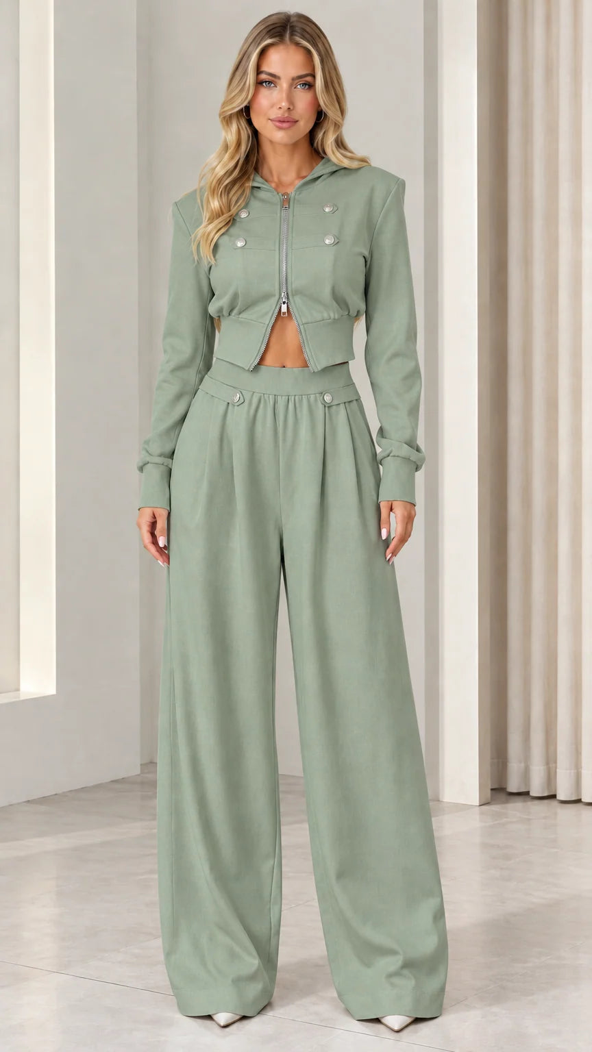 Women's sage green cropped hoodie and wide-leg pants two-piece set