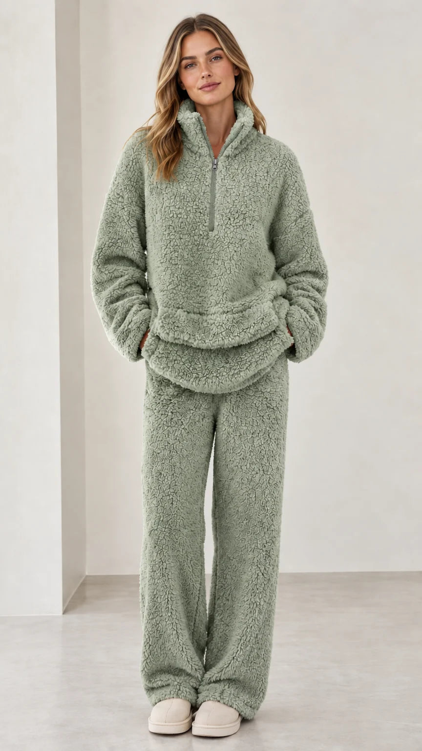 Model wearing sage green sherpa fleece quarter-zip loungewear set