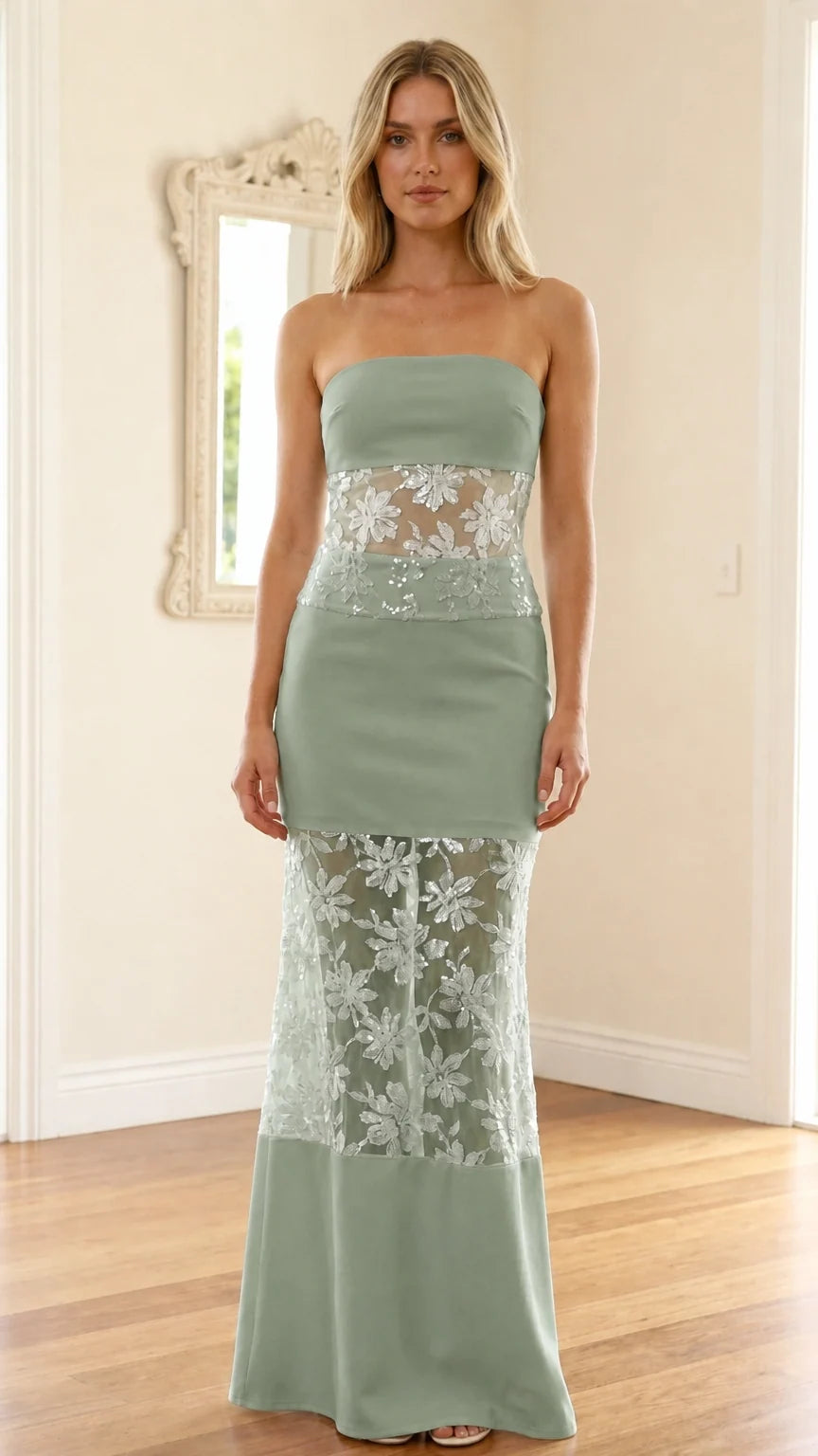 Model wearing sage green strapless sequin mesh maxi dress
