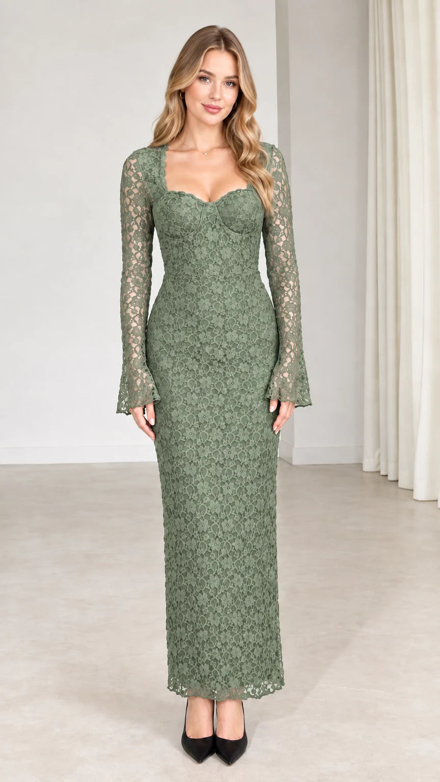 Front view of model wearing sage green floral lace evening gown