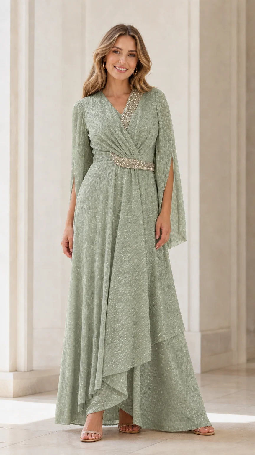 Front view of model wearing sage green rhinestone evening dress