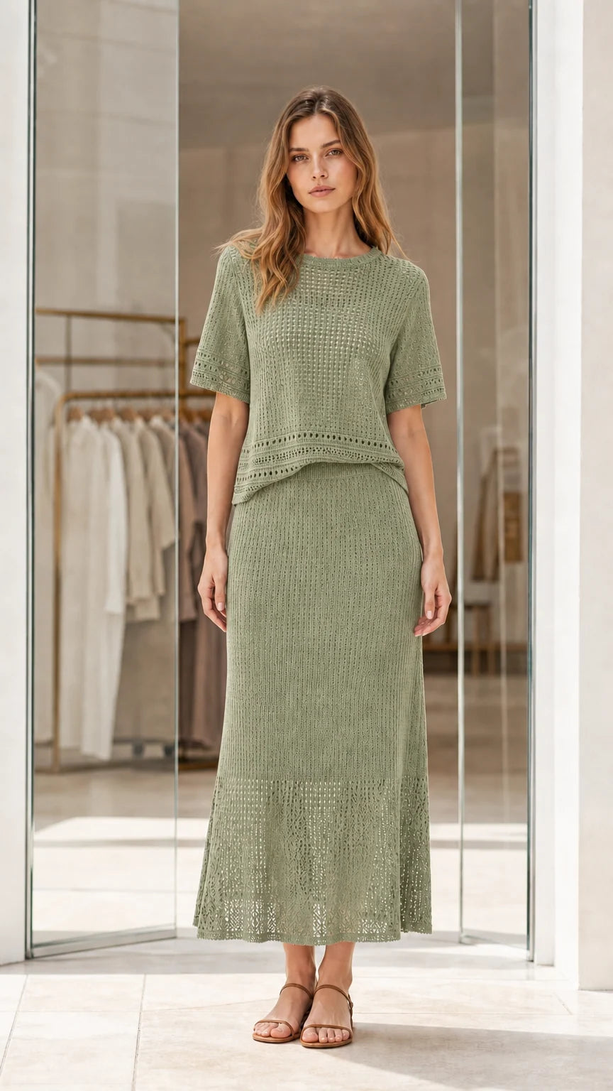 Full front view of sage green pointelle knit two-piece top and maxi skirt set