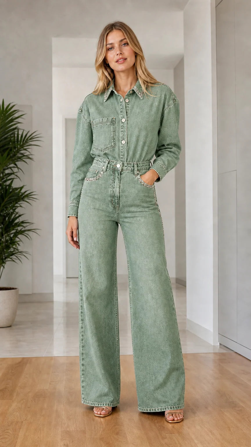 Woman wearing sage green long sleeve wide leg denim boilersuit jumpsuit with crystal details