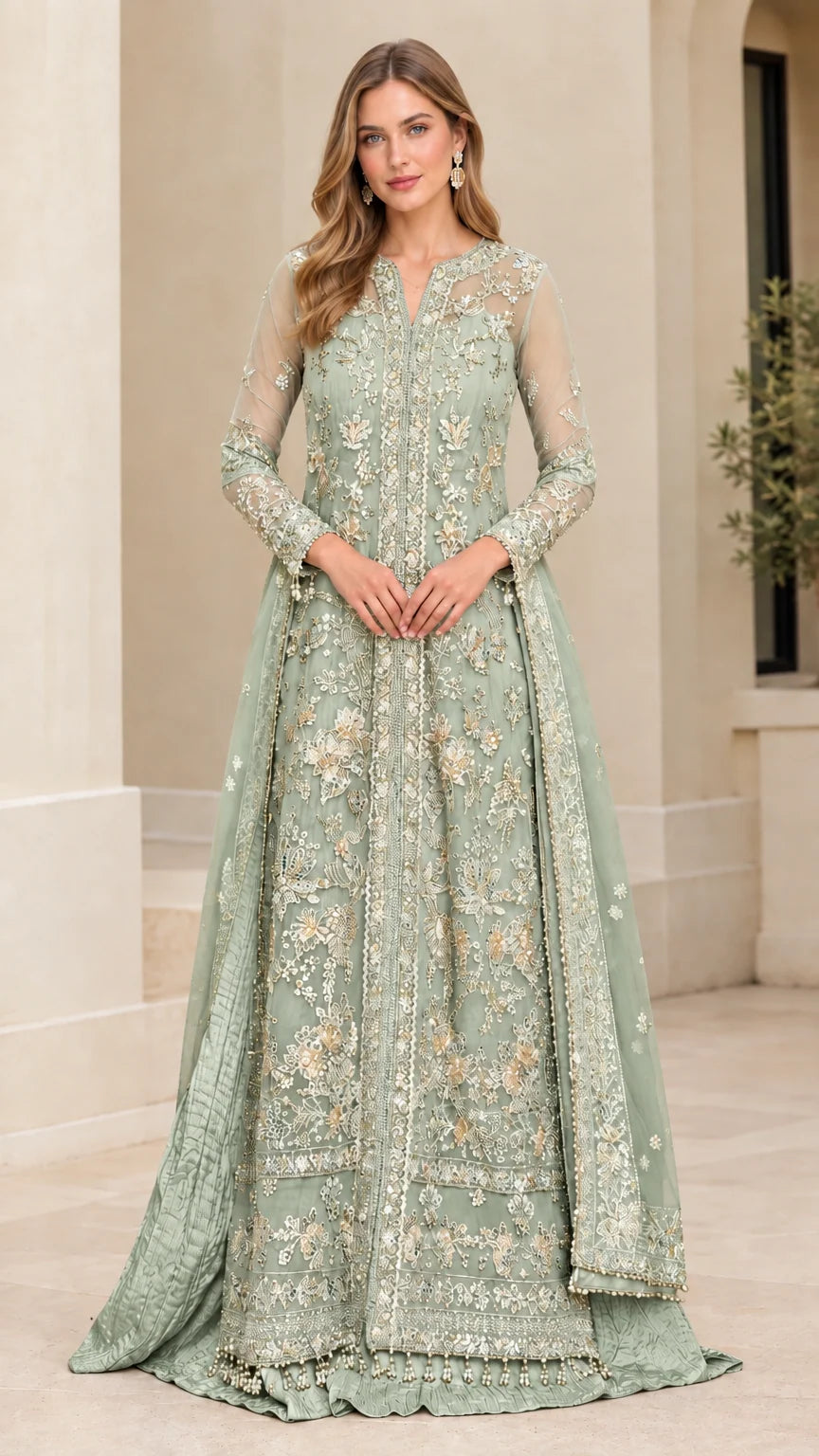 Model wearing sage green embroidered floor-length formal evening gown