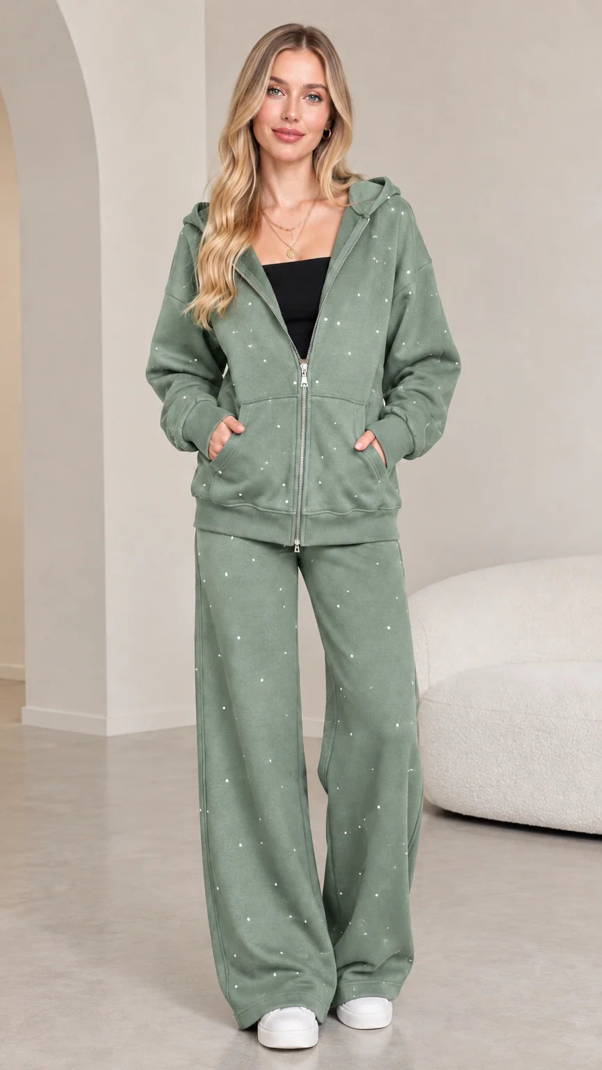 Full front view of model wearing sage green rhinestone zip hoodie and wide-leg sweatpants set