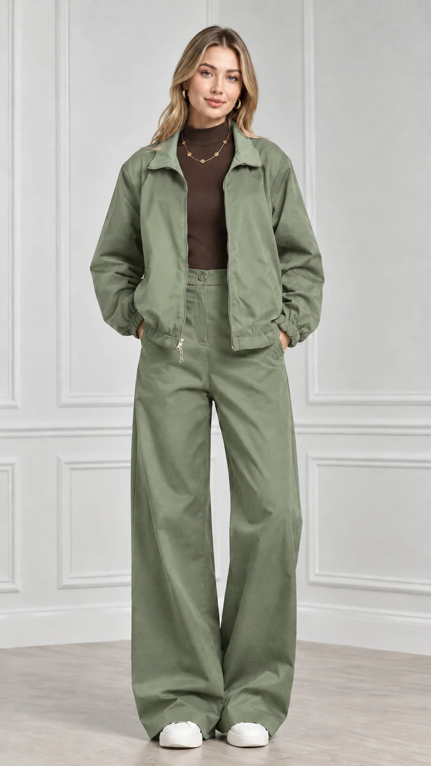 Front view of model wearing sage green two-piece jacket and wide-leg trouser set