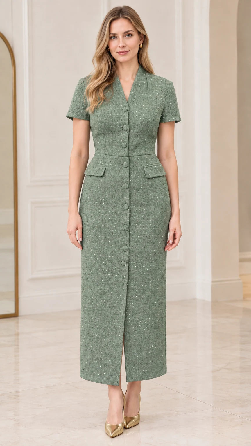 Model wearing sage green short-sleeve tweed midi dress with front buttons