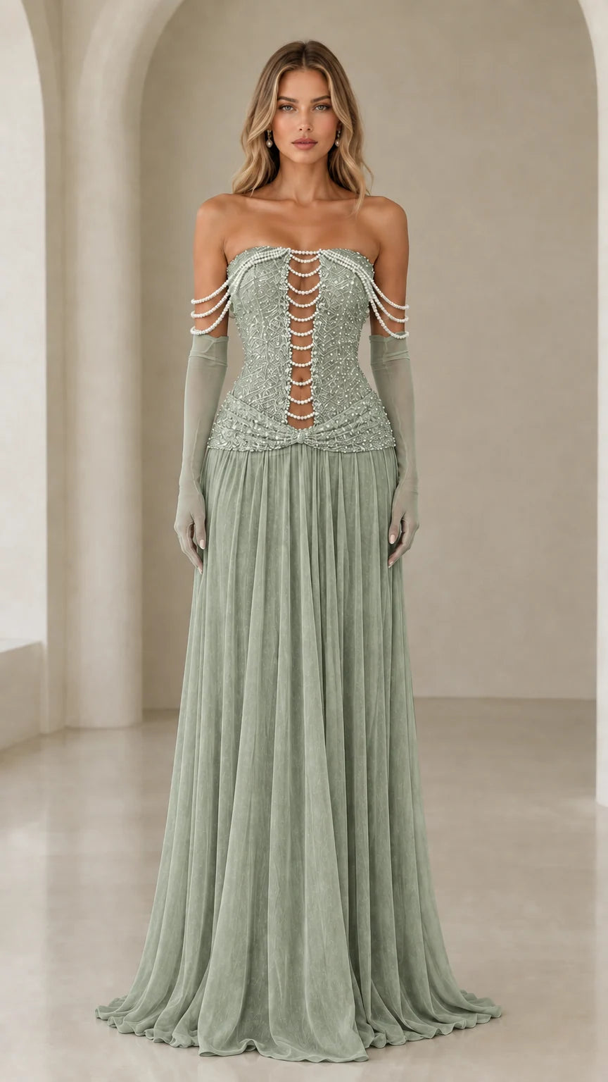Model wearing sage green strapless pearl embellished corset gown with gloves