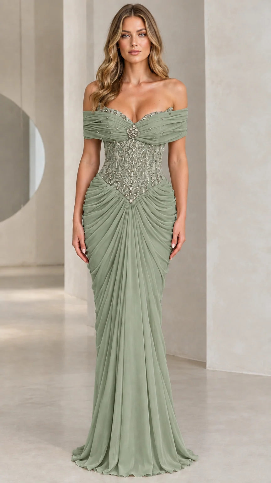 Sage green beaded sweetheart evening gown with draped maxi silhouette