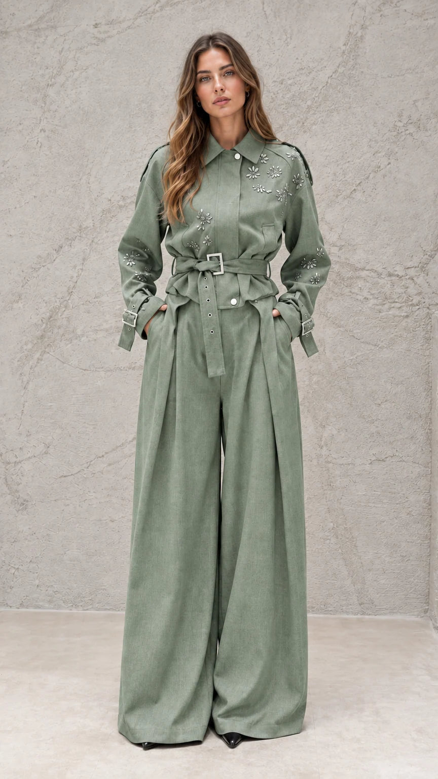 Full front view of model wearing sage green embellished wide-leg jumpsuit