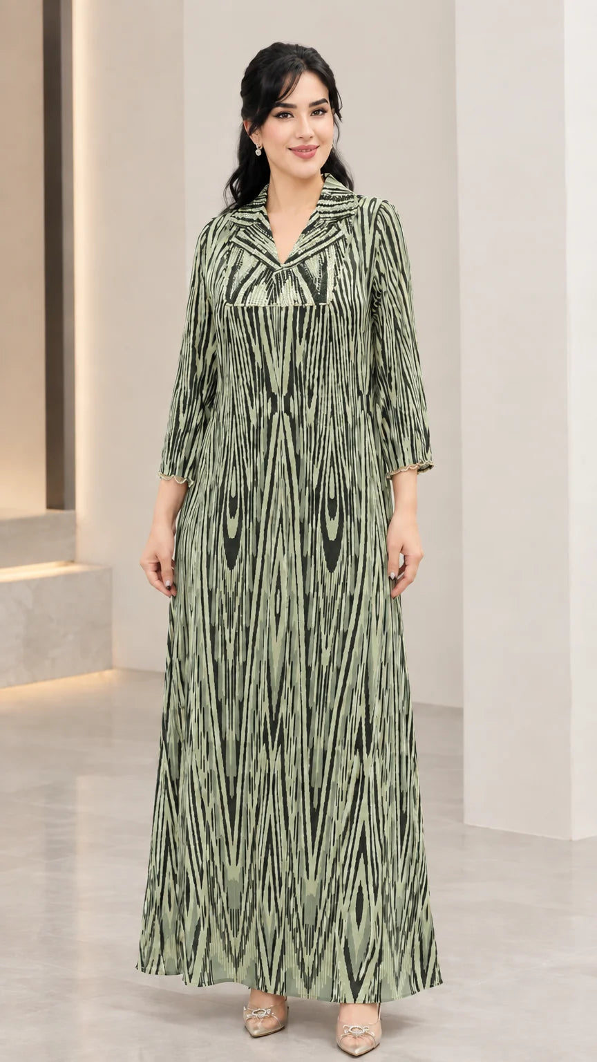 Sage green printed long sleeve maxi dress with sequined neckline