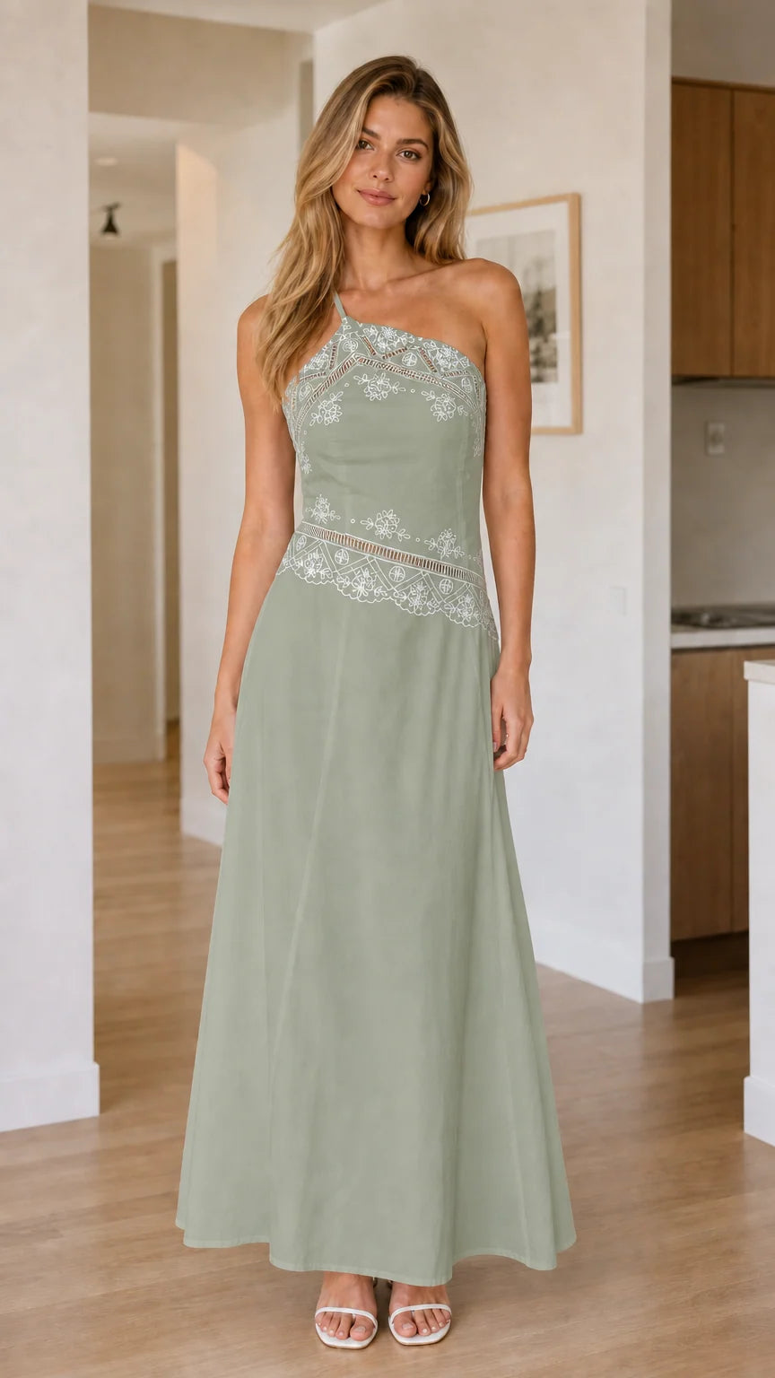 Front view of sage green one-shoulder embroidered maxi dress